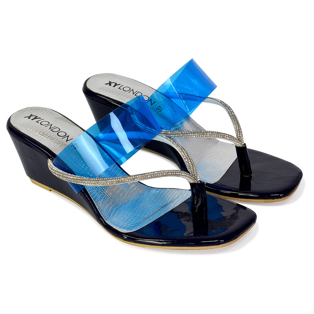Mirabel Square Toe Post Perspex Wedge Heel Diamante Sandals in Blue