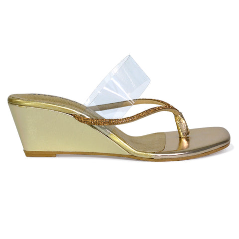 Mirabel Square Toe Post Perspex Wedge Heel Diamante Sandals in Gold