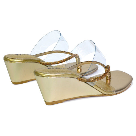 Mirabel Square Toe Post Perspex Wedge Heel Diamante Sandals in Silver