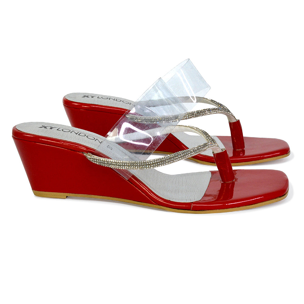 Mirabel Square Toe Post Perspex Wedge Heel Diamante Sandals in Red