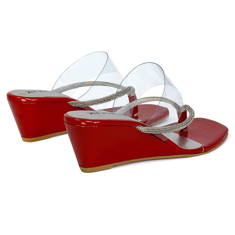 Mirabel Square Toe Post Perspex Wedge Heel Diamante Sandals in Red