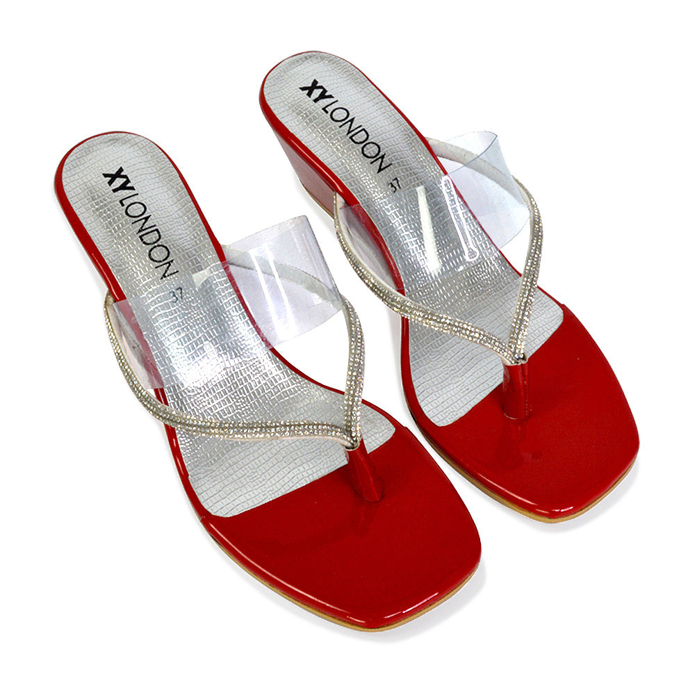 Mirabel Square Toe Post Perspex Wedge Heel Diamante Sandals in Red