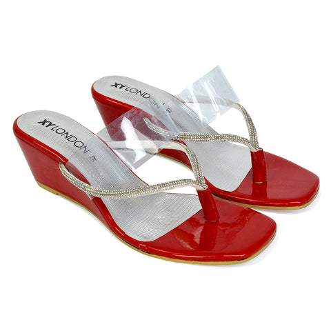 Mirabel Square Toe Post Perspex Wedge Heel Diamante Sandals in Red