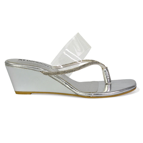 Mirabel Square Toe Post Perspex Wedge Heel Diamante Sandals in Blue