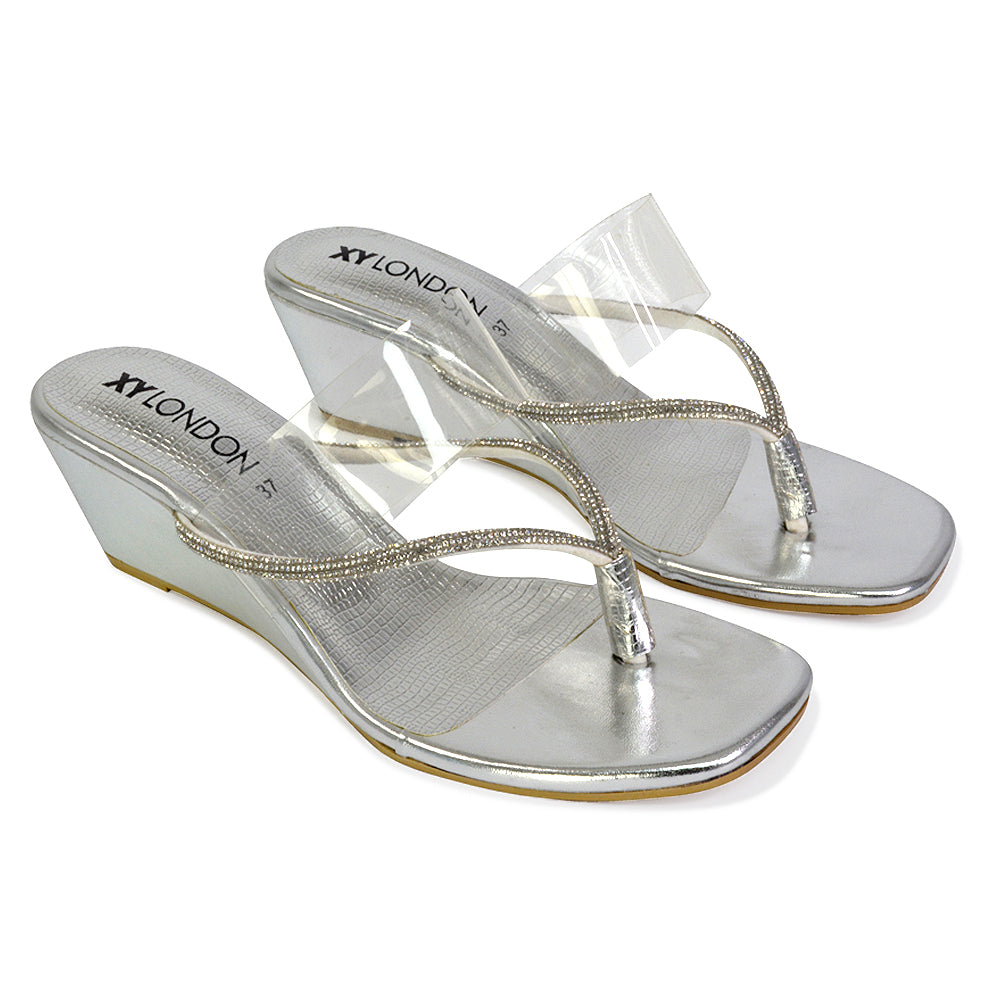 Mirabel Square Toe Post Perspex Wedge Heel Diamante Sandals in Silver