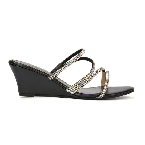 Lilliana Slip On Strappy Diamante Wedge Heel Summer Sandals in Black