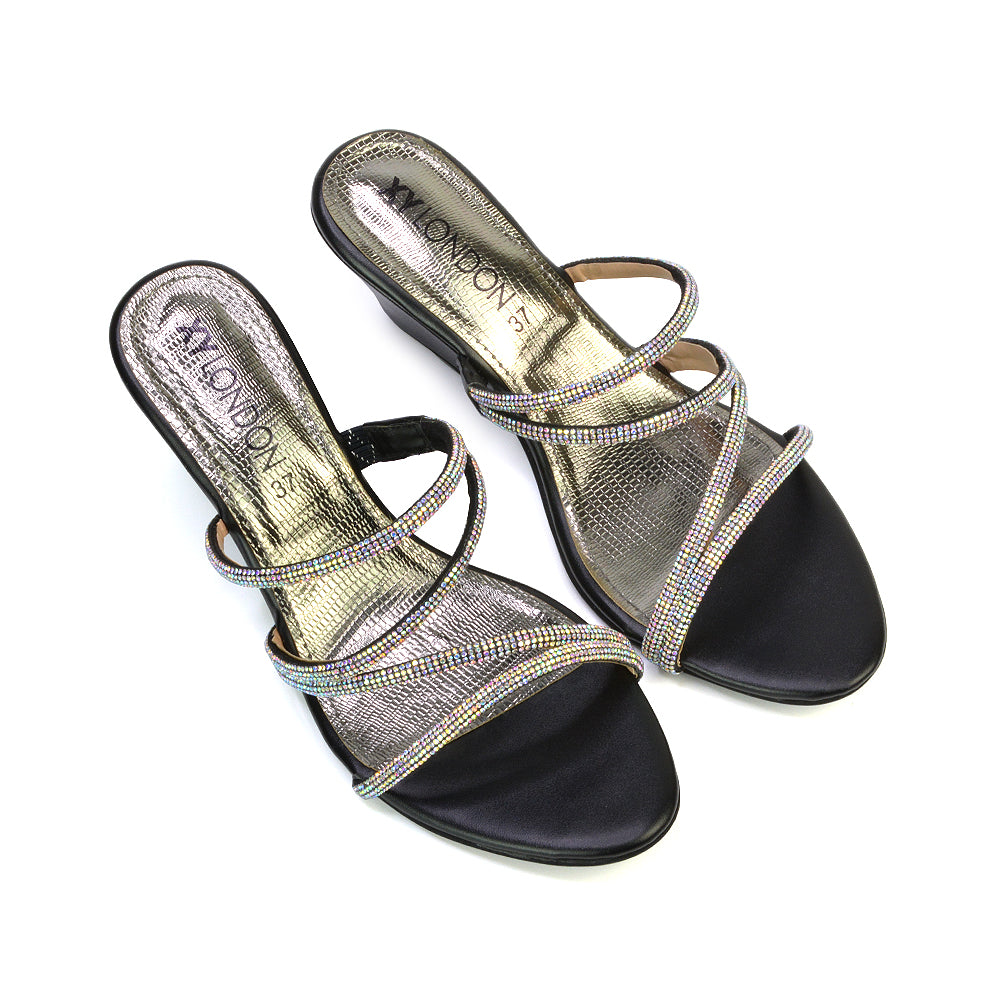 Lilliana Slip On Strappy Diamante Wedge Heel Summer Sandals in Black