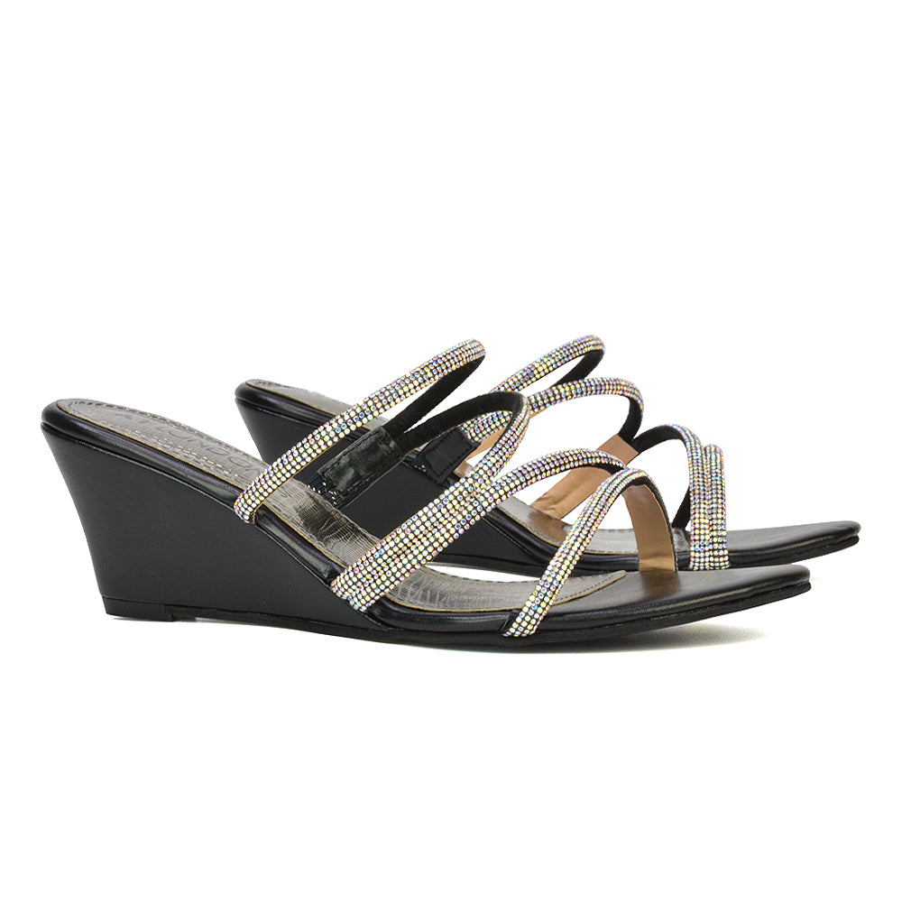 Lilliana Slip On Strappy Diamante Wedge Heel Summer Sandals in Silver