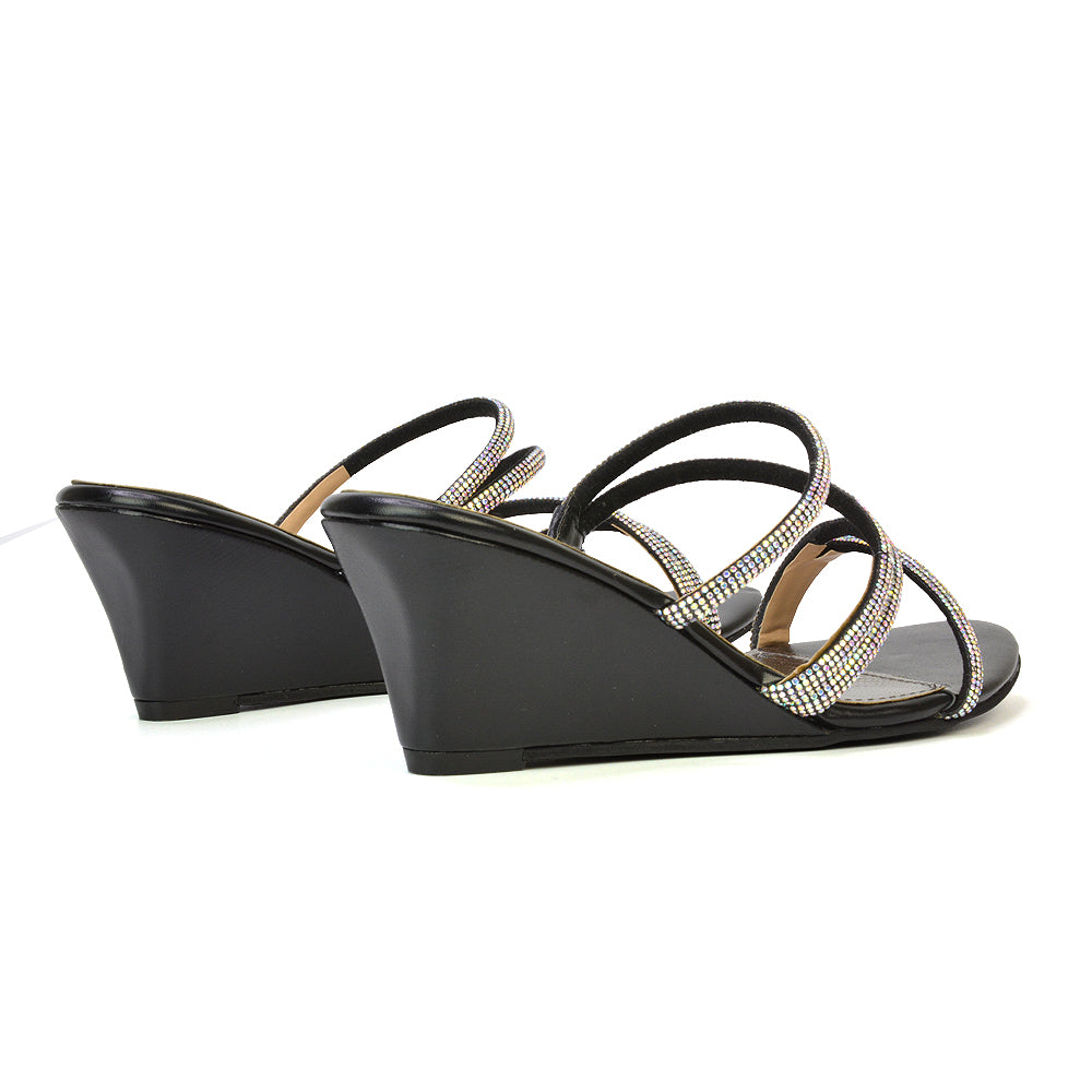 Lilliana Slip On Strappy Diamante Wedge Heel Summer Sandals in Black