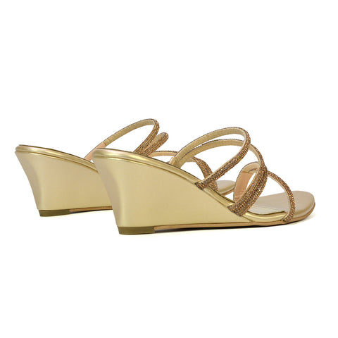 Lilliana Slip On Strappy Diamante Wedge Heel Summer Sandals in Gold