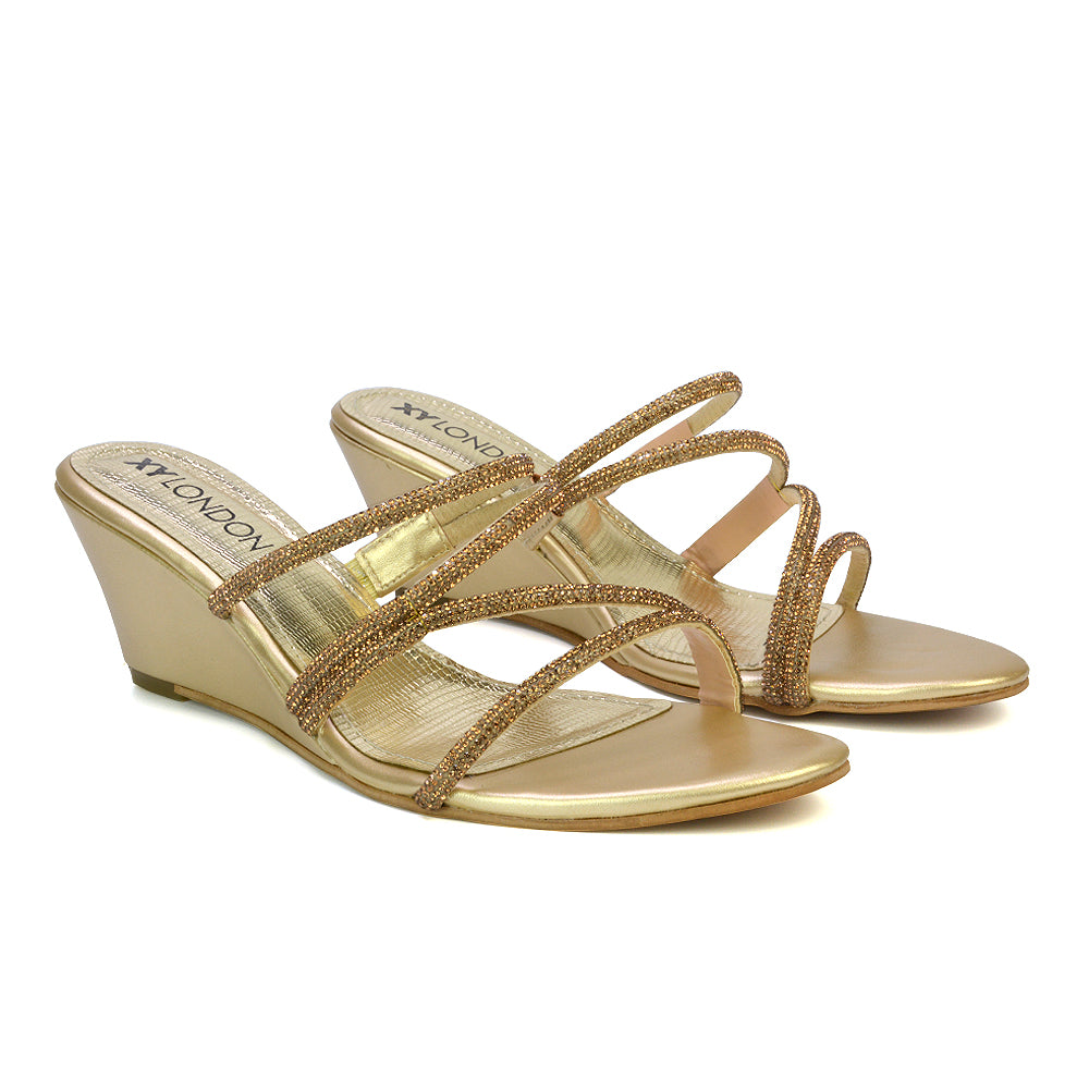 Lilliana Slip On Strappy Diamante Wedge Heel Summer Sandals in Silver