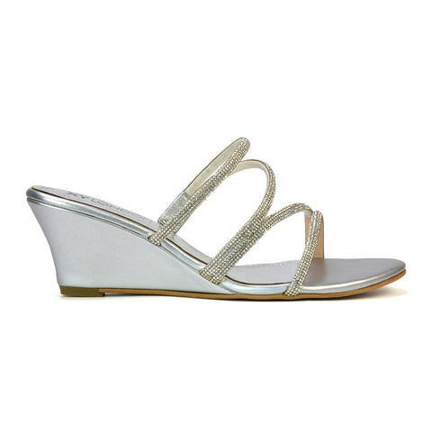 Lilliana Slip On Strappy Diamante Wedge Heel Summer Sandals in Gold