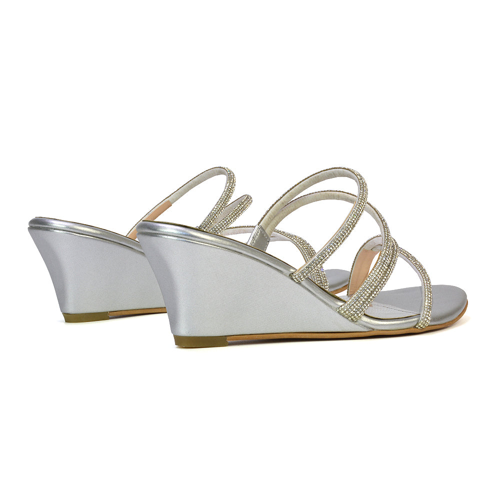 Lilliana Slip On Strappy Diamante Wedge Heel Summer Sandals in Silver