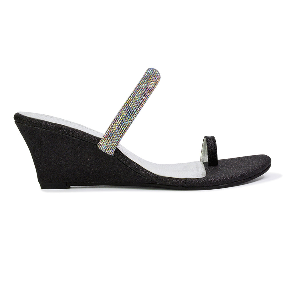 Lucille Slip On Strappy Sparkly Diamante Wedge Sandal Heels in Silver