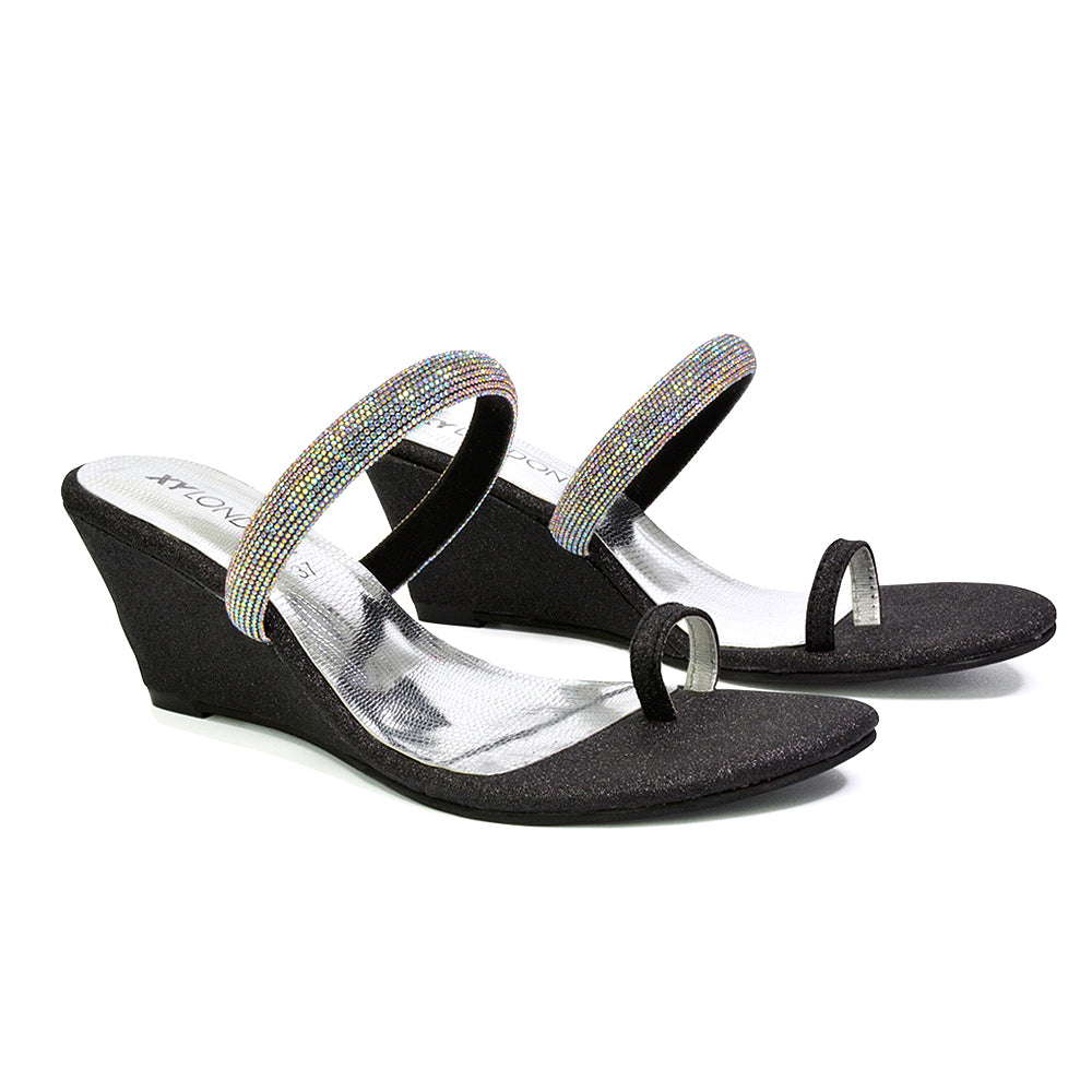 Lucille Slip On Strappy Sparkly Diamante Wedge Sandal Heels in Black