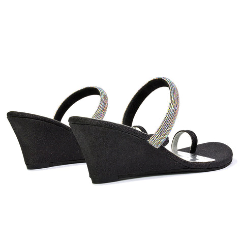 Lucille Slip On Strappy Sparkly Diamante Wedge Sandal Heels in Black