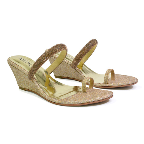 Lucille Slip On Strappy Sparkly Diamante Wedge Sandal Heels in Gold