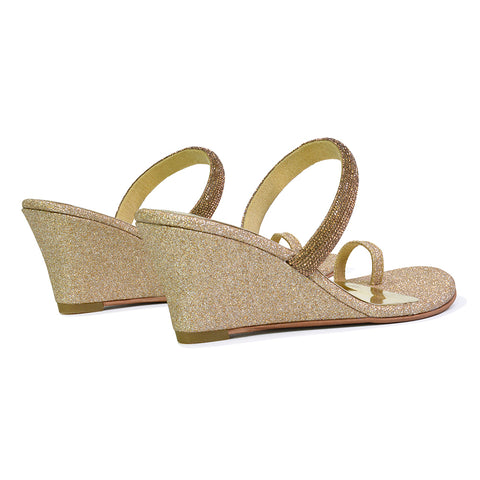 Lucille Slip On Strappy Sparkly Diamante Wedge Sandal Heels in Gold