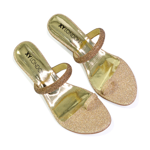 Lucille Slip On Strappy Sparkly Diamante Wedge Sandal Heels in Gold