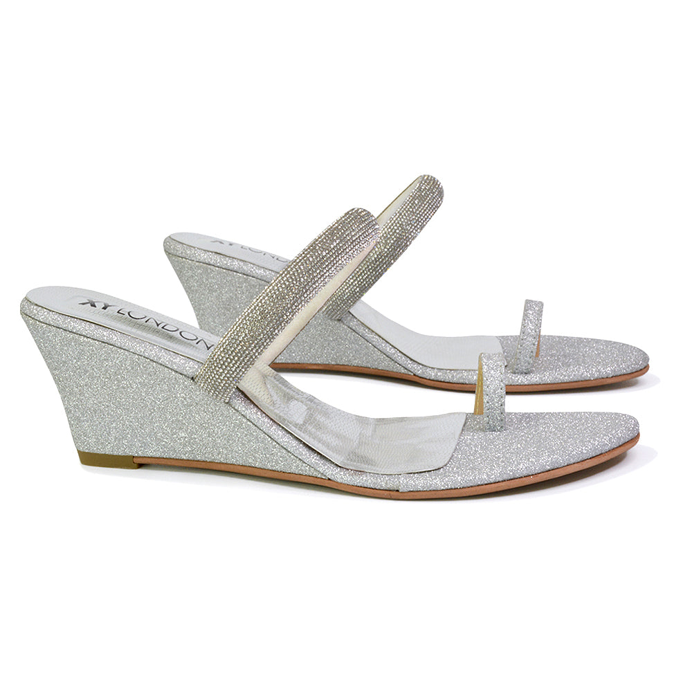 Lucille Slip On Strappy Sparkly Diamante Wedge Sandal Heels in Silver