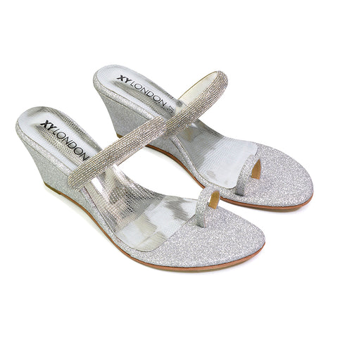 Lucille Slip On Strappy Sparkly Diamante Wedge Sandal Heels in Silver