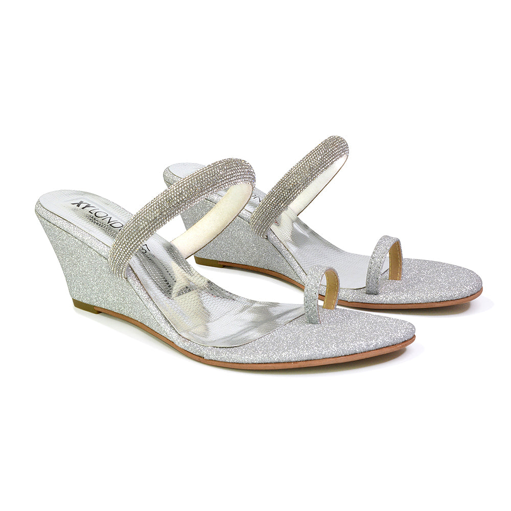 Lucille Slip On Strappy Sparkly Diamante Wedge Sandal Heels in Gold