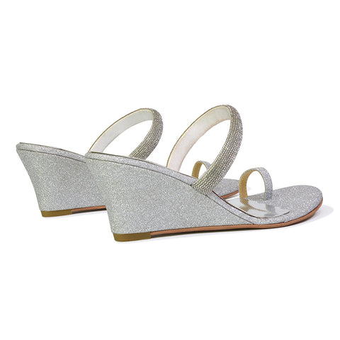 Lucille Slip On Strappy Sparkly Diamante Wedge Sandal Heels in Silver