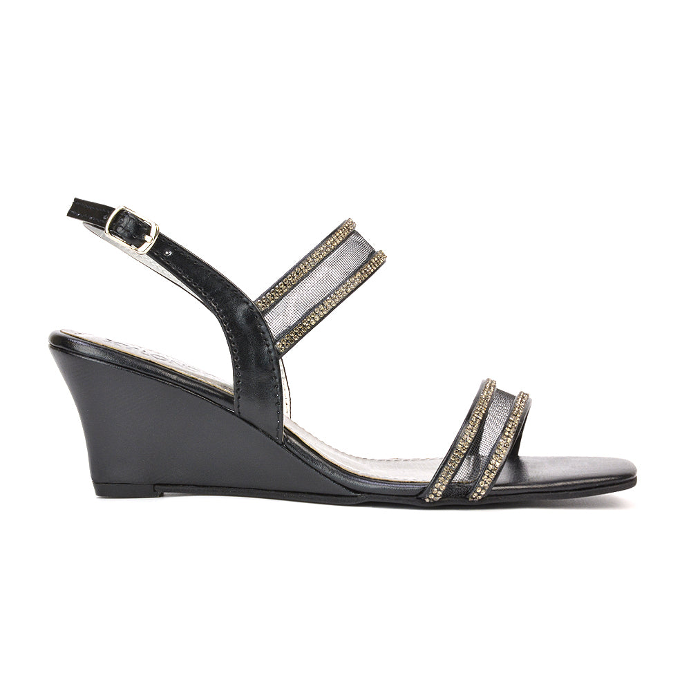 Melinda Strappy Square Toe Diamante Wedge Heel Sandals in Black