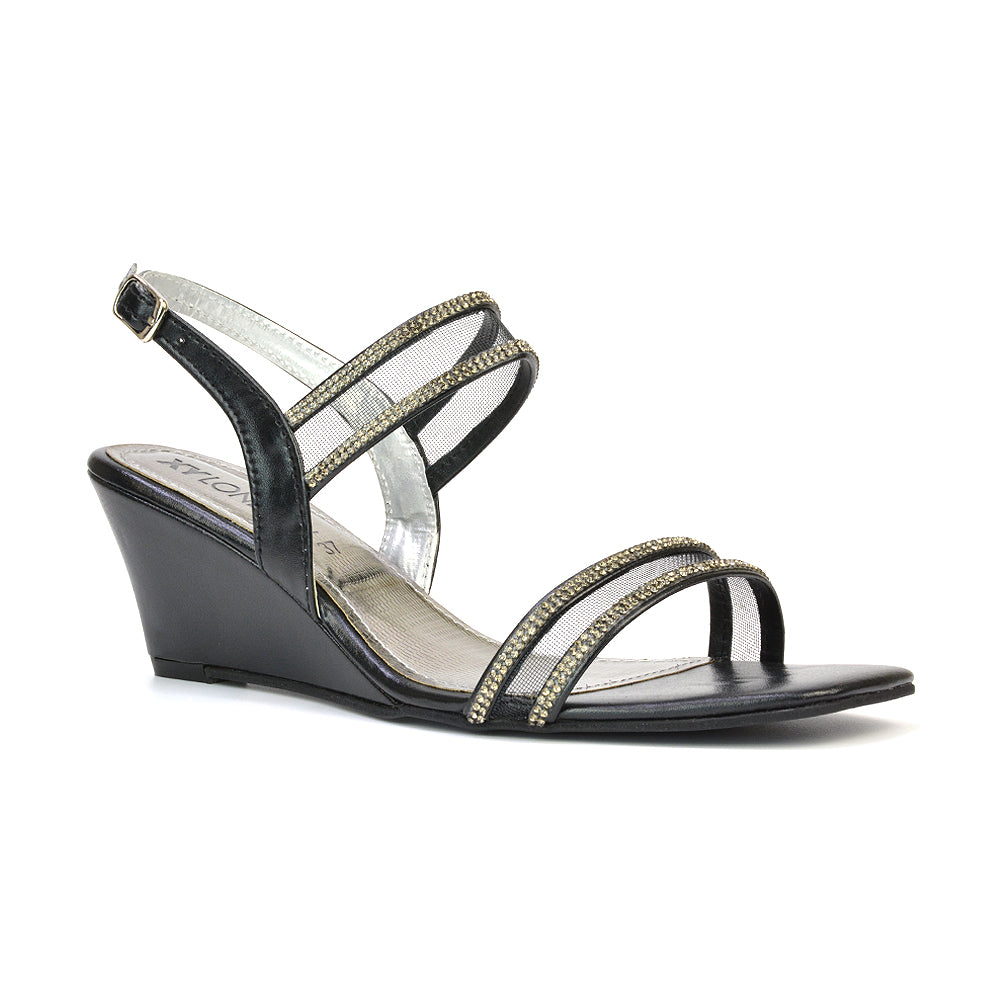 Melinda Strappy Square Toe Diamante Wedge Heel Sandals in Silver