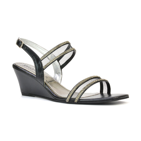 Melinda Strappy Square Toe Diamante Wedge Heel Sandals in Gold