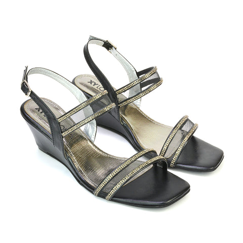 Melinda Strappy Square Toe Diamante Wedge Heel Sandals in Black