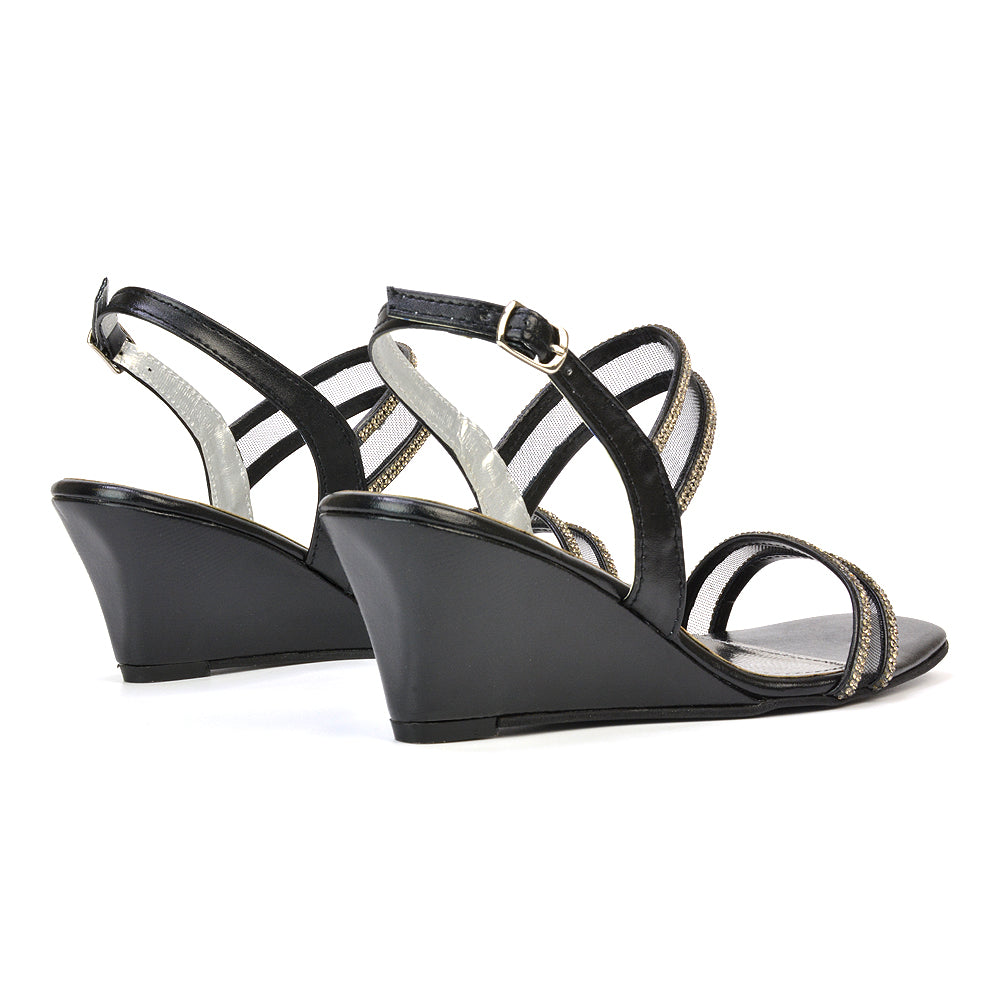 Melinda Strappy Square Toe Diamante Wedge Heel Sandals in Black