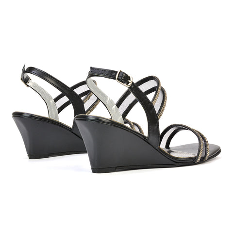 Melinda Strappy Square Toe Diamante Wedge Heel Sandals in Silver