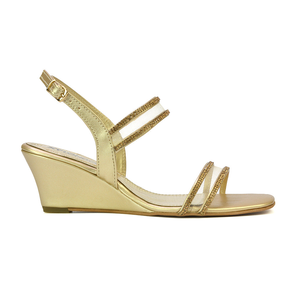 Melinda Strappy Square Toe Diamante Wedge Heel Sandals in Gold