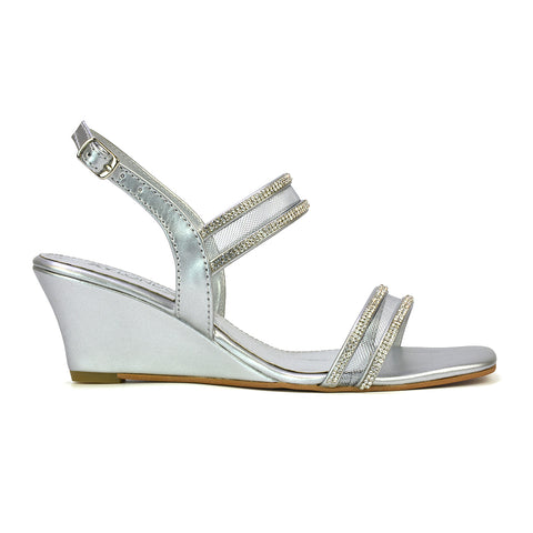 Melinda Strappy Square Toe Diamante Wedge Heel Sandals in Silver