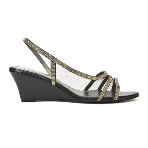 Indy Strappy Diamante Sandal Wedge Heels with Mesh in Silver