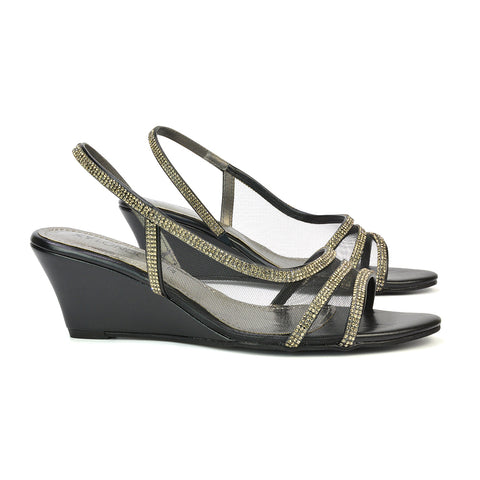 Indy Strappy Diamante Sandal Wedge Heels with Mesh in Silver