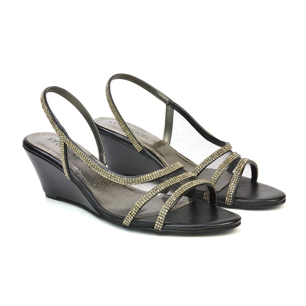 Indy Strappy Diamante Sandal Wedge Heels with Mesh in Black