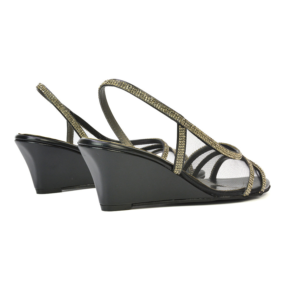 Indy Strappy Diamante Sandal Wedge Heels with Mesh in Silver