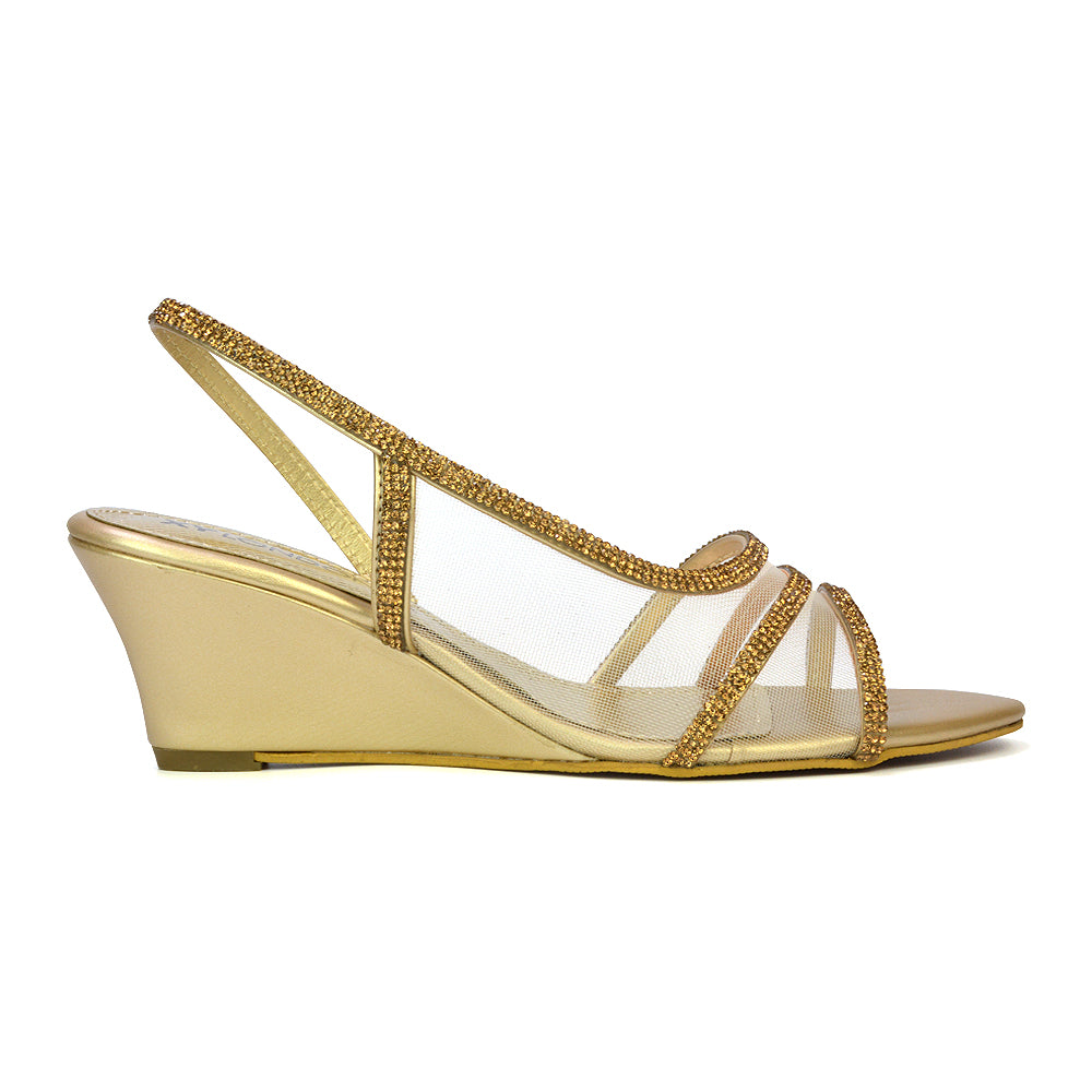 Indy Strappy Diamante Sandal Wedge Heels with Mesh in Gold