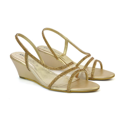 Indy Strappy Diamante Sandal Wedge Heels with Mesh in Gold