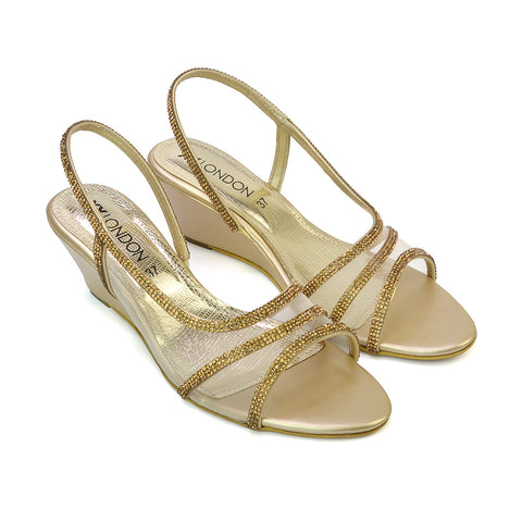 Indy Strappy Diamante Sandal Wedge Heels with Mesh in Gold