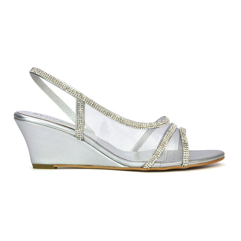 Indy Strappy Diamante Sandal Wedge Heels with Mesh in Gold