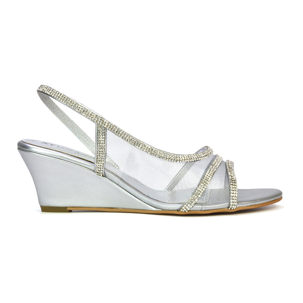 Indy Strappy Diamante Sandal Wedge Heels with Mesh in Silver