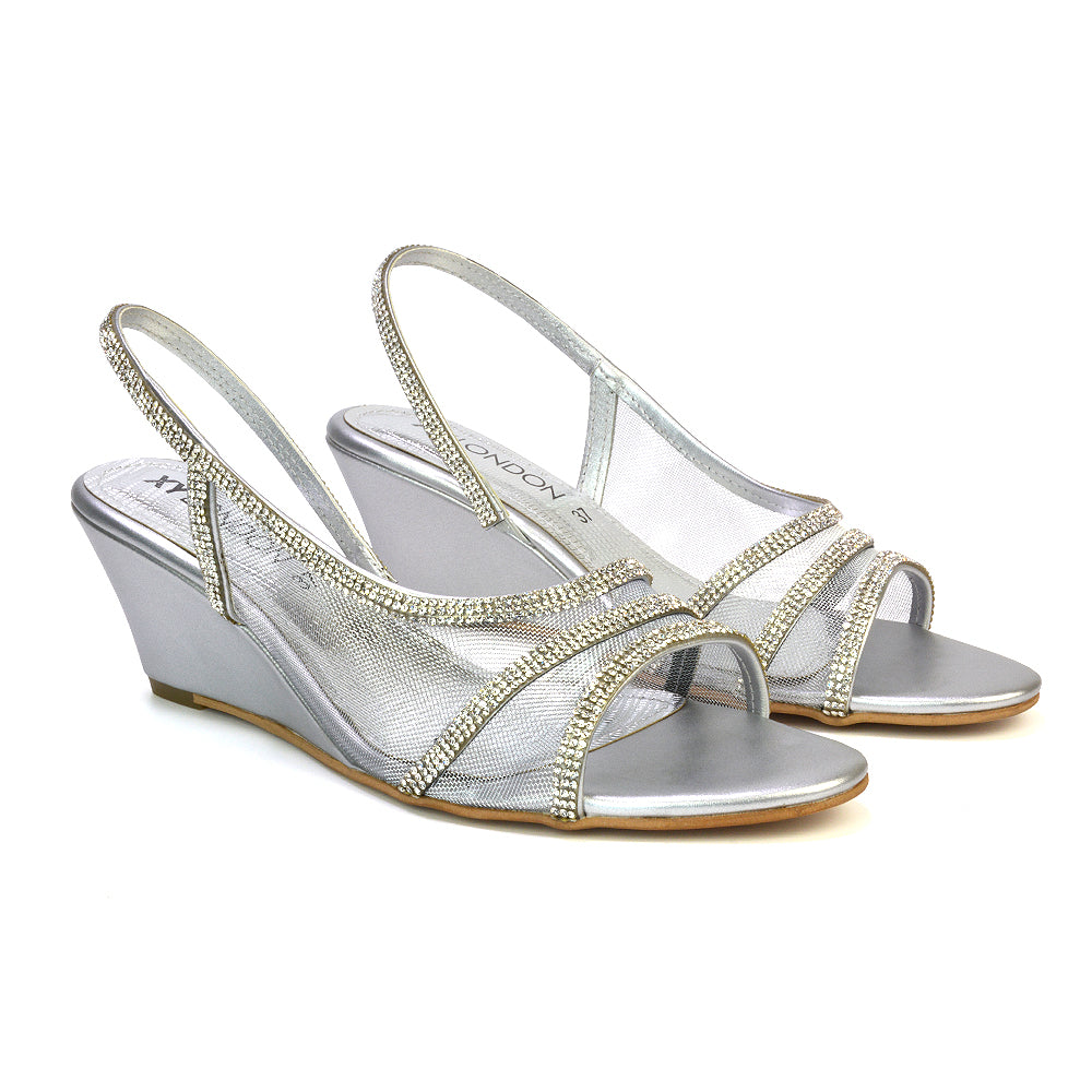 Indy Strappy Diamante Sandal Wedge Heels with Mesh in Silver