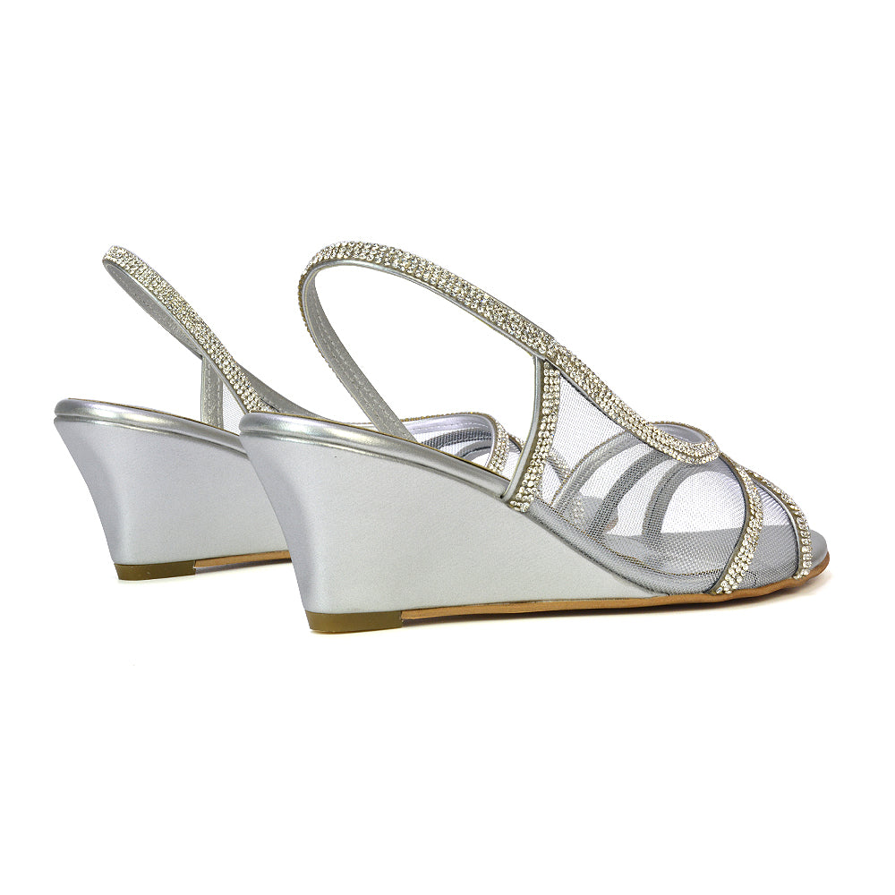 Indy Strappy Diamante Sandal Wedge Heels with Mesh in Silver