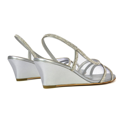 Indy Strappy Diamante Sandal Wedge Heels with Mesh in Gold