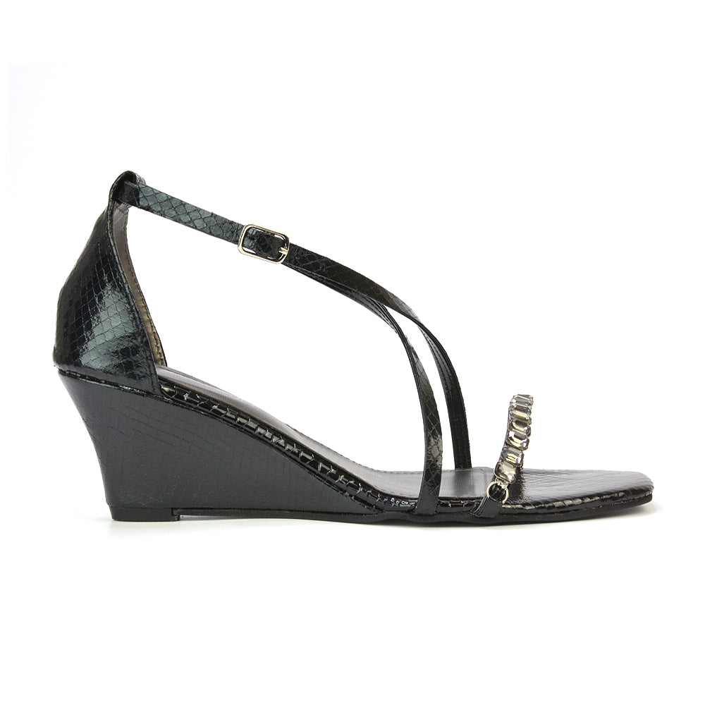 Sky Strappy Square Toe Patterned Diamante Wedge Heel Sandals in Black