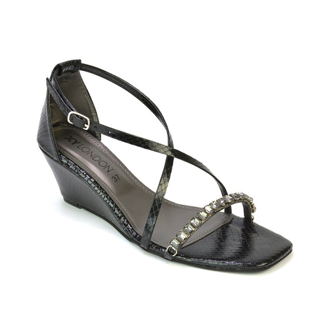 Sky Strappy Square Toe Patterned Diamante Wedge Heel Sandals in Black