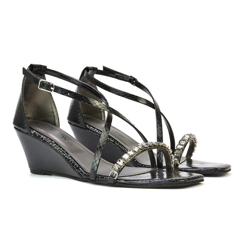 Sky Strappy Square Toe Patterned Diamante Wedge Heel Sandals in Black